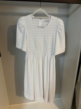 Calvin Klein White Textured Smocked Puff-Sleeve Dress